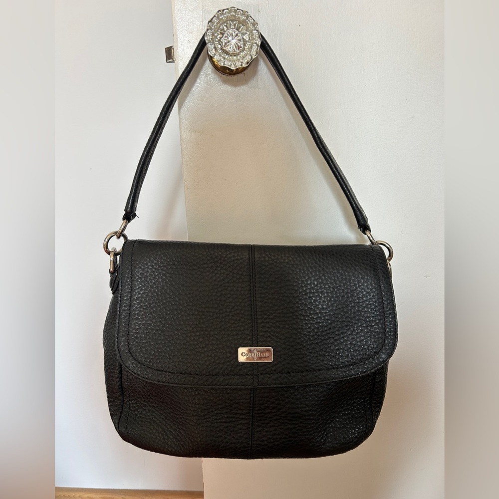 COLE HAAN Black Pebbled Leather‎ Saddle Flap Top Shoulder Bag